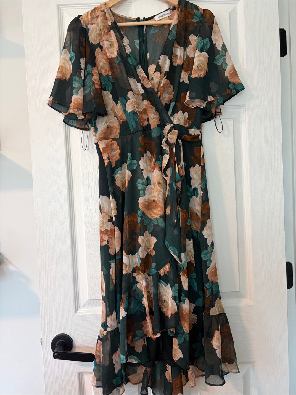 Calvin Klein Dark Green Floral Wrap Midi Dress with Brown and Cream Blooms